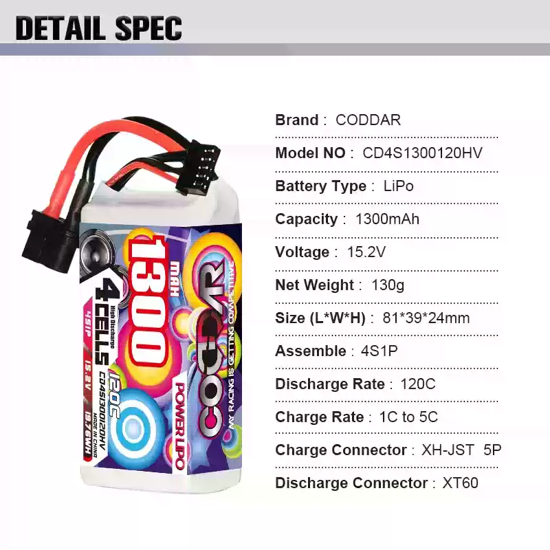 CODDAR 1300mAh 1500mAh 1800mAh 4S 6S 22.2V LiPo Battery for 5‑inch FPV Drone thumbnail