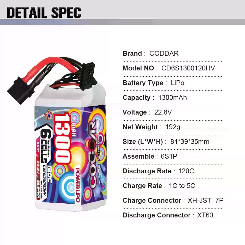 CODDAR 1300mAh 1500mAh 1800mAh 4S 6S 22.2V LiPo Battery for 5‑inch FPV Drone thumbnail