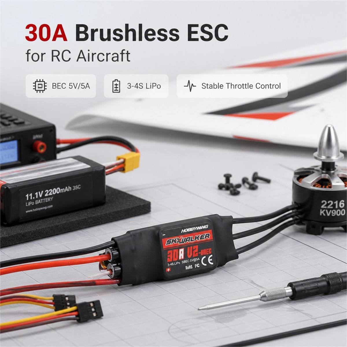 Hobbywing Skywalker 30A V2 Brushless Speed Controller ESC With UBEC 2 to 4S Lipo for RC Aircraft FPV Drone  thumbnail