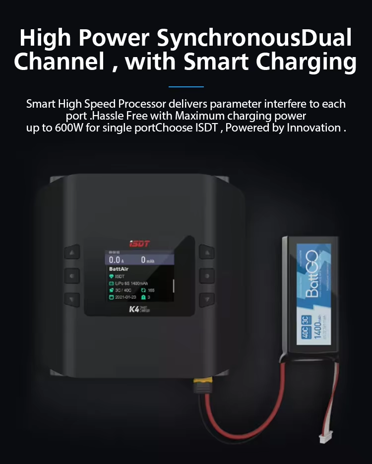 ISDT K4 AC 400W / DC 600W X2 45A Smart Dual Channel Charger for 1~8S LiFe LiIon LiPo 1400mah Battery thumbnail