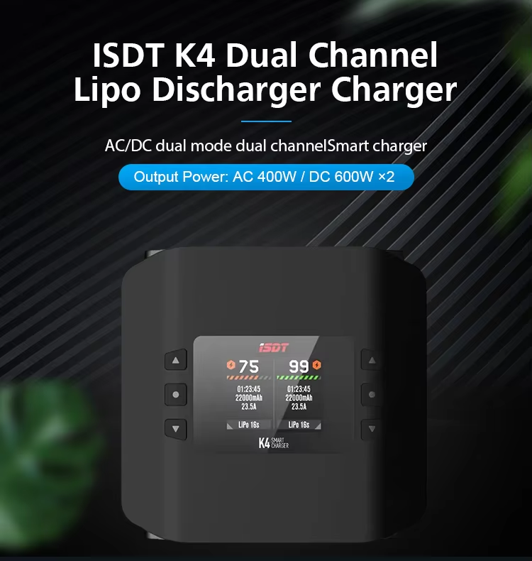 ISDT K4 AC 400W / DC 600W X2 45A Smart Dual Channel Charger for 1~8S LiFe LiIon LiPo 1400mah Battery thumbnail